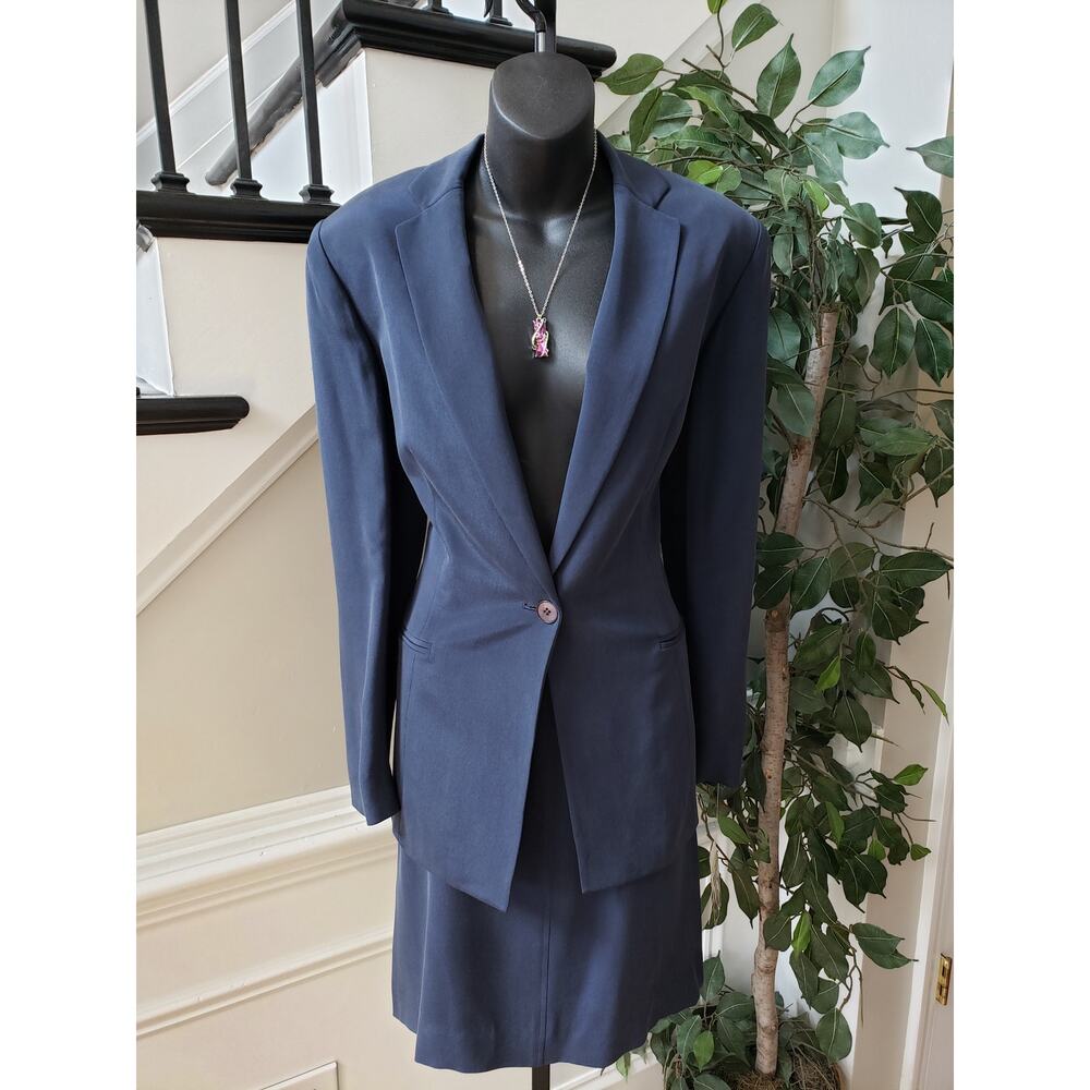 Jones New York 2 Piece Skirt Suit Womens 10/12 Blue Single Breasted 1 Button